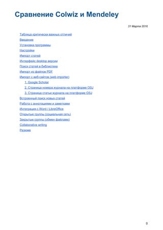 Сравнение Colwiz и Mendeley
31 Марта 2016
Таблица критически важных отличий
Введение
Установка программы
Настройки
Импорт статей
Интерфейс desktop версии
Поиск статей в библиотеке
Импорт из файлов PDF
Импорт с веб-сайтов (web importer)
1. Google Scholar
2. Страница номера журнала на платформе OSJ
3. Страница статьи журнала на платформе OSJ
Встроенный поиск новых статей
Работа с аннотациями и заметками
Интеграция с Word / LibreOffice
Открытые группы (социальная сеть)
Закрытые группы (обмен файлами)
Collaborative writing
Резюме
0
 