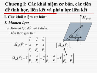 Chương I: Các khái niệm cơ bản, các tiên
đề tĩnh học, liên kết và phản lực liên kết
I. Các khái niệm cơ bản:
5. Momen lực:
a. Momen lực đối với 1 điểm:
Biểu thức giải tích:
( )O
x y z
i j k
M F x y z
F F F
 
  F

O
H
/F O
M 

( )O
y z x yz x
y z x yz x
M F i j k
F F F FF F
   
( )O Z
M F
 
 