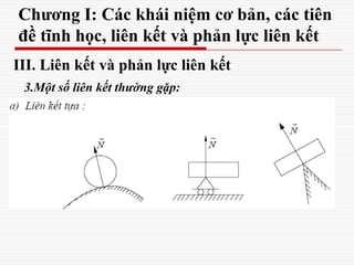 Chương I: Các khái niệm cơ bản, các tiên
đề tĩnh học, liên kết và phản lực liên kết
III. Liên kết và phản lực liên kết
3.Một số liên kết thường gặp:
 