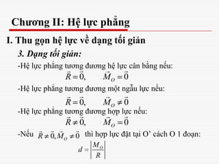 Chương II: Hệ lực phẳng
I. Thu gọn hệ lực về dạng tối giản
3. Dạng tối giản:
-Hệ lực phẳng tương đương hệ lực cân bằng nếu:
-Hệ lực phẳng tương đương một ngẫu lực nếu:
-Hệ lực phẳng tương đương hợp lực nếu:
-Nếu thì hợp lực đặt tại O’ cách O 1 đoạn:
0, 0OR M
  
0, 0OR M
  
0, 0OR M
  
0, 0OR M
  
OM
d
R
 