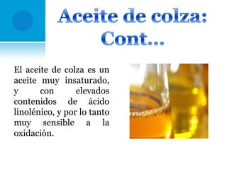 El aceite de colza es un
aceite muy insaturado,
y
con
elevados
contenidos de ácido
linolénico, y por lo tanto
muy sensible a la
oxidación.

 