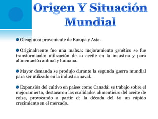Oleaginosa proveniente de Europa y Asia.
Originalmente fue una maleza: mejoramiento genético se fue
transformando: utilización de su aceite en la industria y para
alimentación animal y humana.
Mayor demanda se produjo durante la segunda guerra mundial
para ser utilizado en la industria naval.
Expansión del cultivo en países como Canadá: se trabajo sobre el
mejoramiento, destacaron las cualidades alimenticias del aceite de
colza, provocando a partir de la década del 60 un rápido
crecimiento en el mercado.

 