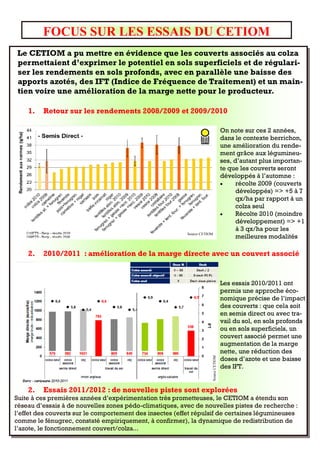 FOCUS SUR LES ESSAIS DU CETIOM
Le CETIOM a pu mettre en évidence que les couverts associés au colza
permettaient d’exprimer le potentiel en sols superficiels et de régulari-
ser les rendements en sols profonds, avec en parallèle une baisse des
apports azotés, des IFT (Indice de Fréquence de Traitement) et un main-
tien voire une amélioration de la marge nette pour le producteur.

    1.   Retour sur les rendements 2008/2009 et 2009/2010

                                                                                     On note sur ces 2 années,
                                                                                     dans le contexte berrichon,
                                                                                     une amélioration du rende-
                                                                                     ment grâce aux légumineu-
                                                                                     ses, d’autant plus importan-
                                                                                     te que les couverts seront
                                                                                     développés à l’automne :
                                                                                           récolte 2009 (couverts
                                                                                           développés) => +5 à 7
                                                                                           qx/ha par rapport à un
                                                                                           colza seul
                                                                                           Récolte 2010 (moindre
                                                                                           développement) => +1
                                                                                           à 3 qx/ha pour les
                                                         Source CETIOM
                                                                                           meilleures modalités

    2.   2010/2011 : amélioration de la marge directe avec un couvert associé


                                                                                     Les essais 2010/2011 ont
                                                                                     permis une approche éco-
                                                                                     nomique précise de l’impact
                                                                                     des couverts : que cela soit
                                                                                     en semis direct ou avec tra-
                                                                                     vail du sol, en sols profonds
                                                                                     ou en sols superficiels, un
                                                                                     couvert associé permet une
                                                                                     augmentation de la marge
                                                                                     nette, une réduction des
                                                                                     doses d’azote et une baisse
                                                                     Source CETIOM




                                                                                     des IFT.


    2.   Essais 2011/2012 : de nouvelles pistes sont explorées
Suite à ces premières années d’expérimentation très prometteuses, le CETIOM a étendu son
réseau d’essais à de nouvelles zones pédo-climatiques, avec de nouvelles pistes de recherche :
l’effet des couverts sur le comportement des insectes (effet répulsif de certaines légumineuses
comme le fénugrec, constaté empiriquement, à confirmer), la dynamique de redistribution de
l’azote, le fonctionnement couvert/colza...
 