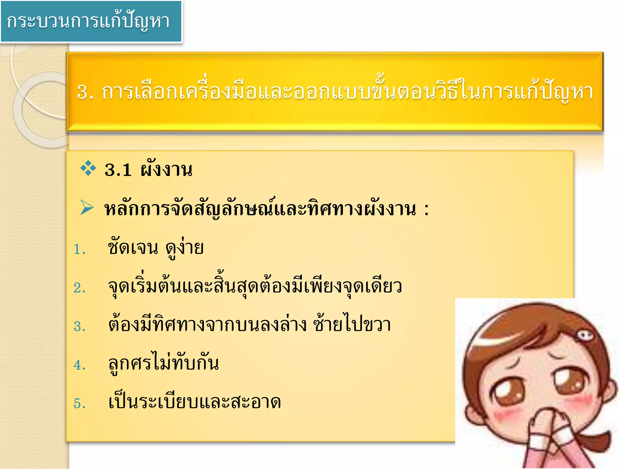 กระบวนการแก้ปัญหา
3. การเลือกเครื่องมือและออกแบบขั้นตอนวิธีในการแก้ปัญหา
 3.1 ผังงาน
 หลักการจัดสัญลักษณ์และทิศทางผังงาน :
1. ชัดเจน ดูง่าย
2. จุดเริ่มต้นและสิ้นสุดต้องมีเพียงจุดเดียว
3. ต้องมีทิศทางจากบนลงล่าง ซ้ายไปขวา
4. ลูกศรไม่ทับกัน
5. เป็นระเบียบและสะอาด
 