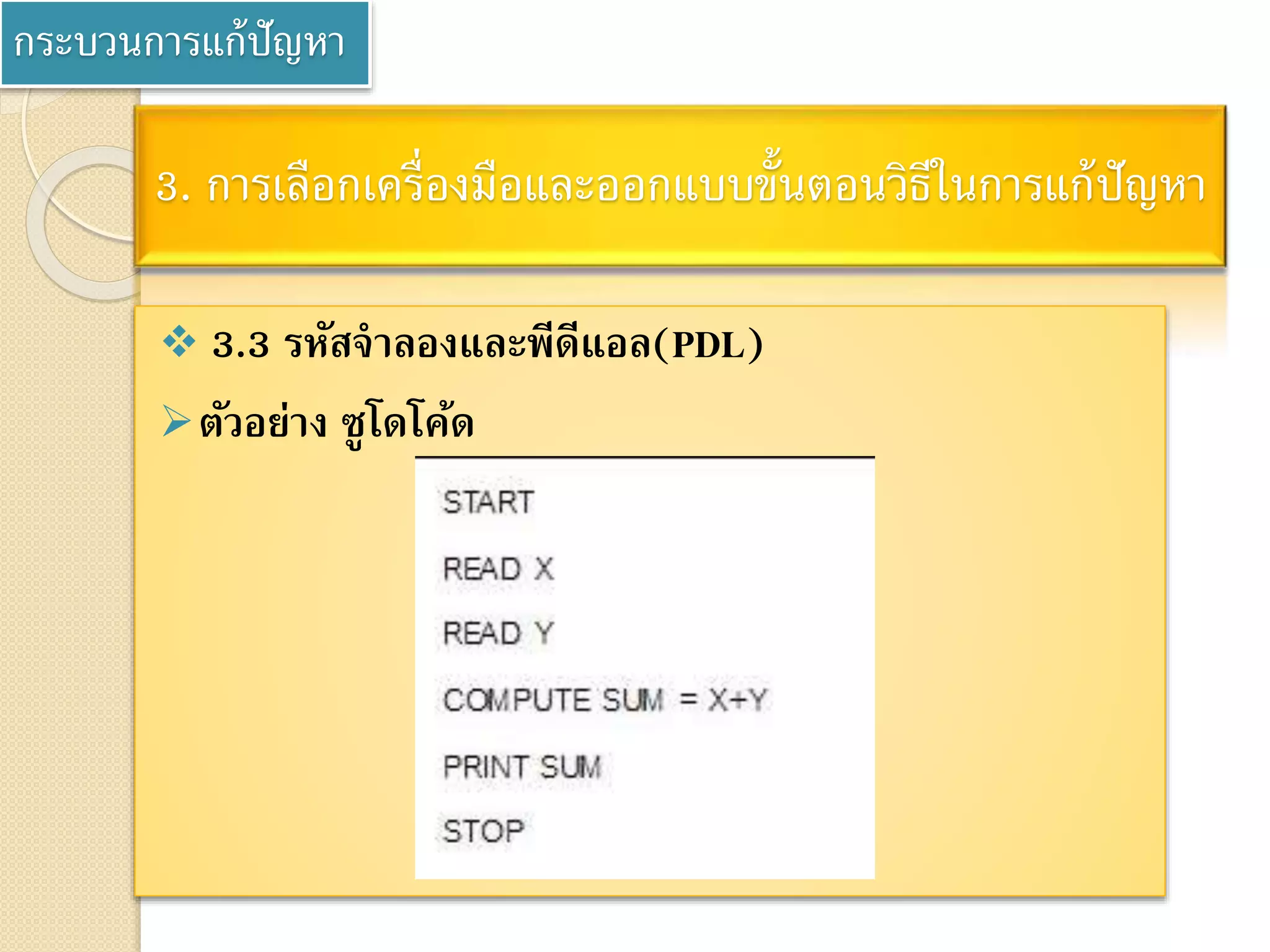 3. การเลือกเครื่องมือและออกแบบขั้นตอนวิธีในการแก้ปัญหา
 3.3 รหัสจาลองและพีดีแอล(PDL)
ตัวอย่าง ซูโดโค้ด
กระบวนการแก้ปัญหา
 