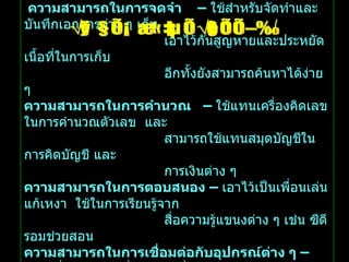 คอมพิวเตอร์ทำอะไรได้บ้างในชีวิตประจำวัน   ความสามารถในการจดจำ  –   ใช้สำหรับจัดทำและบันทึกเอกสารต่าง ๆ เก็บ เอาไว้กันสูญหายและประหยัดเนื้อที่ในการเก็บ อีกทั้งยังสามารถค้นหาได้ง่าย ๆ ความสามารถในการคำนวณ  –   ใช้แทนเครื่องคิดเลขในการคำนวณตัวเลข  และ สามารถใช้แทนสมุดบัญชีในการคิดบัญชี และ การเงินต่าง ๆ ความสามารถในการตอบสนอง  –  เอาไว้เป็นเพื่อนเล่นแก้เหงา  ใช้ในการเรียนรู้จาก สื่อความรู้แขนงต่าง ๆ เช่น ซีดีรอมช่วยสอน ความสามารถในการเชื่อมต่อกับอุปกรณ์ต่าง ๆ  –   เช่น เชื่อมต่อกับเครื่องเสียงเพื่อใช้  ควบคุมเครื่องเสียงให้ทำงานตามต้องการ สรุป คอมพิวเตอร์คืออะไร 
