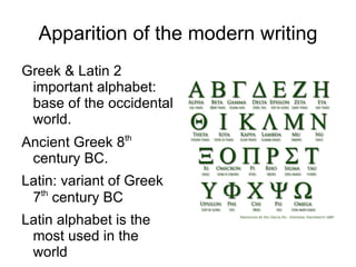 Apparition of the modern writing Greek & Latin 2 important alphabet: base of the occidental world.  Ancient Greek 8 th  century BC.  Latin: variant of Greek 7 th  century BC  Latin alphabet is the most used in the world  