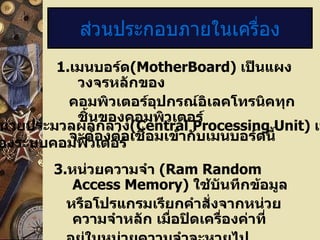 1. เมนบอร์ด ( MotherBoard)  เป็นแผงวงจรหลักของ คอมพิวเตอร์อุปกรณ์อิเลคโทรนิคทุกชิ้นของคอมพิวเตอร์ จะต้องต่อเชื่อมเข้ากับเมนบอร์ดนี้ ส่วนประกอบภายในเครื่อง 2. หน่วยประมวลผลกลาง ( Central Processing Unit)  เป็นสมอง ของระบบคอมพิว๶ตอร์  3. หน่วยความจำ  (Ram Random Access Memory)  ใช้บันทึกข้อมูล หรือโปรแกรมเรียกคำสั่งจากหน่วยความจำหลัก เมื่อปิดเครื่องค่าที่ อยู่ในหน่วยความจำจะหายไป 