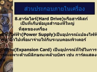 ส่วนประกอบภายในเครื่อง 8. ฮาร์ดไดร์ (Hard Drive) หรือฮาร์ดิสก์เป็นที่เก็บข้อมูลสำรองที่ใหญ่ ที่สุดของเครื่อง 9.   หม้อแปลงไฟฟ้า (Power Supply) เป็นอุปกรณ์แปลงไฟฟ้าที่ใช้ตามบ้าน หรือไฟฟ้าทั่วไปเพื่อมาจ่ายให้กับระบบคอมพิว๶ตอร์ 10. การ์ดขยาย ( Expansion Card)  เป็นอุปกรณ์ที่ใช้ในการขยายขีดความ สามารถเฉพาะด้านมีลักษณะคล้ายบัตร เช่น การ์ดแสดงผล การ์ดเสียง เป็นต้น 