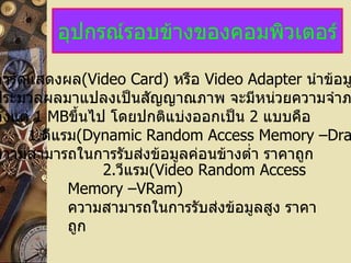 อุปกรณ์รอบข้างของคอมพิวเตอร์ การ์ดแสดงผล (Video Card)  หรือ  Video Adapter  นำข้อมูลจากการ ประมวลผลมาแปลงเป็นสัญญาณภาพ จะมีหน่วยความจำภายใน ตั้งแต่   1 MB ขึ้นไป โดยปกติแบ่งออกเป็น  2   แบบคือ 1. ดีแรม (Dynamic Random Access Memory –Dram) ความสามารถในการรับส่งข้อมูลค่อนข้างต่ำ ราคาถูก 2. วีแรม (Video Random Access Memory –VRam) ความสามารถในการรับส่งข้อมูลสูง ราคาถูก 
