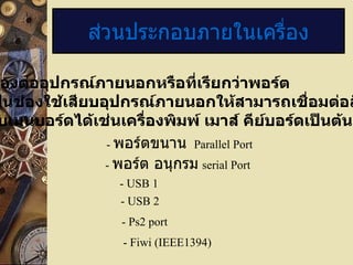 ส่วนประกอบภายในเครื่อง 12. ช่องต่ออุปกรณ์ภายนอกหรือที่เรียกว่าพอร์ต เป็นช่องใช้เสียบอุปกรณ์ภายนอกให้สามารถเชื่อมต่อสัญญาณ กับเมนบอร์ดได้เช่นเครื่องพิมพ์ เมาส์ คีย์บอร์ดเป็นต้น -  พอร์ตขนาน   Parallel Port -  พอร์ต อนุกรม   serial Port - USB 1 - USB 2 - Ps2 port - Fiwi (IEEE1394) 
