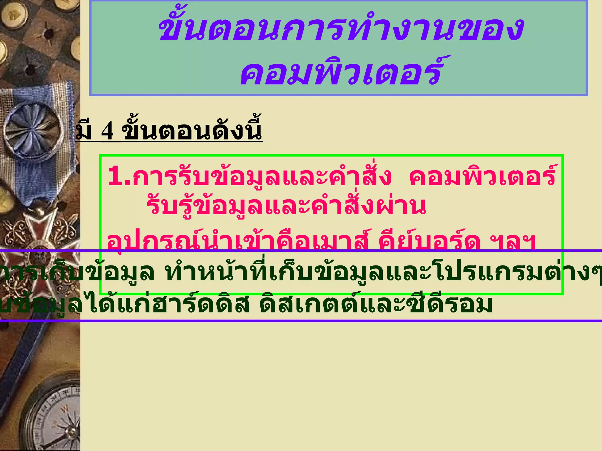 ขั้นตอนการทำงานของคอมพิวเตอร์ 1. การรับข้อมูลและคำสั่ง  คอมพิวเตอร์รับรู้ข้อมูลและคำสั่งผ่าน อุปกรณ์นำเข้าคือเมาส์ คีย์บอร์ด ฯลฯ 2. การเก็บข้อมูล ทำหน้าที่เก็บข้อมูลและโปรแกรมต่างๆหน่วย เก็บข้อมูลได้แก่ฮาร์ดดิส ดิสเกตต์และซีดีรอม มี  4   ขั้นตอนดังนี้ 