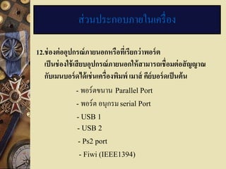 ส่ วนประกอบภายในเครื่ อง

12.ช่ องต่ ออุปกรณ์ ภายนอกหรือทีเ่ รียกว่ าพอร์ ต
   เป็ นช่ องใช้ เสี ยบอุปกรณ์ ภายนอกให้ สามารถเชื่อมต่ อสั ญญาณ
   กับเมนบอร์ ดได้ เช่ นเครื่องพิมพ์ เมาส์ คีย์บอร์ ดเป็ นต้ น
                  - พอร์ ตขนาน Parallel Port
                  - พอร์ ต อนุกรม serial Port
               - USB 1
               - USB 2
               - Ps2 port
                - Fiwi (IEEE1394)
 