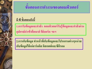 ขั้นตอนการทางานของคอมพิวเตอร์

มี 4 ขั้นตอนดังนี้
1.การรับข้ อมูลและคาสั่ ง คอมพิวเตอร์ รับรู้ข้อมูลและคาสั่ งผ่าน
อุปกรณ์ นาเข้ าคือเมาส์ คีย์บอร์ ด ฯลฯ

2.การเก็บข้ อมูล ทาหน้ าทีเ่ ก็บข้ อมูลและโปรแกรมต่ างๆหน่ วย
เก็บข้ อมูลได้ แก่ฮาร์ ดดิส ดิสเกตต์ และซีดีรอม
 