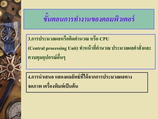 ขั้นตอนการทางานของคอมพิวเตอร์
3.การประมวลผลหรือคิดคานวณ หรือ CPU
(Central processing Unit) ทาหน้ าทีคานวณ ประมวลผลคาสั่ งและ
                                   ่
ควบคุมอุปกรณ์ อนๆ
                ่ื

4.การนาเสนอ แสดงผลลัพธ์ ที่ได้ จากการประมวลผลทาง
จอภาพ เครื่องพิมพ์เป็ นต้ น
 