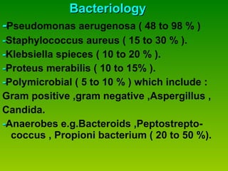 Bacteriology - Pseudomonas aerugenosa ( 48 to 98 % ) - Staphylococcus aureus ( 15 to 30 % ). - Klebsiella spieces ( 10 to 20 % ). - Proteus merabilis ( 10 to 15% ). - Polymicrobial ( 5 to 10 % ) which include : Gram positive ,gram negative ,Aspergillus ,  Candida. - Anaerobes e.g.Bacteroids ,Peptostrepto- coccus , Propioni bacterium ( 20 to 50 %). 