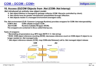 © Peter R. Egli 2015
13/20
Rev. 1.60
COM – DCOM - COM+ indigoo.com
9. COM / DCOM / COM+ Tools
Register COM component:
regsvr32 <COM-lib>.dll
Registry of objects:
Windows registry (edit with regedit.exe or regedt32.exe)
Component service explorer:
Control Panel  Administrative Tools
 Component Services
or simply start dcomcnfg.exe
 