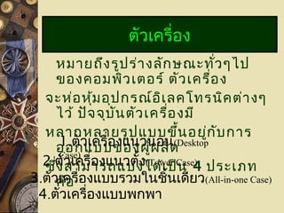 หมายถึงรูปร่างลักษณะทั่วๆไป
ของคอมพิวเตอร์ ตัวเครื่อง
จะห่อหุ้มอุปกรณ์อิเลคโทรนิคต่างๆ
ไว้ ปัจจุบันตัวเครื่องมี
หลากหลายรูปแบบขึ้นอยู่กับการ
ออกแบบของผู้ผลิต
ซึ่งสามารถแบ่งได้เป็น 4 ประเภท
คือ
ตัวเครื่อง
1.ตัวเครื่องแนวนอน(Desktop
Case)
2.ตัวเครื่องแนวตั้ง(Tower Case)
3.ตัวเครื่องแบบรวมในชิ้นเดียว(All-in-one Case)
4.ตัวเครื่องแบบพกพา
 