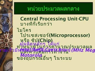 Central Processing Unit-CPU
บางทีก็เรียกว่า
ไมโคร
โปรเซสเซอร์(Microprocessor)
หรือ ชิป(Chip)
ทำาหน้าที่ในการคำานวณประมวลผล
และควบคุมการทำางาน
ของอุปกรณ์อื่นๆ ในระบบ
หน่วยประมวลผลกลาง
ผู้ผลิตหลักๆ ได้แก่
Intel,Amd,Cyrix และ
Motorola
วามเร็วมีหน่วยวัดเป็นเมกะเฮิรตซ์(MHz Mega
 