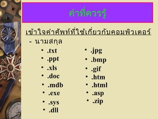 คำำที่ควรรู้
เข้ำใจคำำศัพท์ที่ใช้เกี่ยวกับคอมพิวเตอร์
• .txt
- นำมสกุล
• .dll
• .xls
• .doc
• .mdb
• .exe
• .sys
• .jpg
• .bmp
• .gif
• .htm
• .html
• .asp
• .zip
• .ppt
 