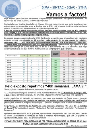 Comunicado
Conjunto nº7

SIMA – SINTAC – SQAC – STHA

Vamos a factos!
Hoje mesmo, 28 de Outubro, recebemos a “apresentação Powerpoint” feita pelo Sr. CEO SPdH, na
reunião do dia 24 de Outubro, a TODOS os Sindicatos!
Contactados por muitos Associados de Lisboa, tivemos conhecimento que uma associação que
esteve presente na reunião, anda a divulgar que a SPdH terá proposto horários muito melhores
para os Trabalhadores, nomeadamente através do regime de 4/2.
É FALSO, como se verifica no quadro abaixo indicado, onde inclusive se vê as 40h semanais
para sempre, o que consubstancia um retrocesso de mais de 40 anos na história do Grupo TAP,
inclusive ao ponto de ser proposto o regime de 6/2.
Do quadro abaixo, apresentado pela SPdH, facilmente se verifica que em qualquer das hipóteses
estamos perante uma violação do AE em vigor, pelo aumento do período normal de trabalho,
onde nem a Hip. 1, está dentro das 7h30m consagrados no AE, e se atentarmos na ultima Hip.
13 verificamos precisamente 8h por dia, logo 40h semanais – percebemos agora porque é que
esses assinaram já em Junho deste ano, as 8h dia / 40h semanais na SATA, levando a que hoje
decorra uma Greve por esse motivo. As imitações são sempre piores que o original…

Quadro retirado da proposta/apresentação que a SPdH fez aos Sindicatos todos

Pelo exposto repetimos “40h semanais, JAMAIS!”
Transcrição da proposta da Empresa, constante da apresentação:
“…...o custo adicional para a empresa seria, numa tal hipótese de 1,2 Milhões de euros por ano,
o que se julga ser insustentável… (Se a Gestão julga ser insustentável, porque está a propor?)
Assim, conclui-se do exemplo apresentado, que, para um aumento de folgas anuais, torna-se
necessário encontrar um conjunto de medidas que anulem o impacto financeiro significativo
gerado para o universo alargado de aplicação….” (Afinal a intenção é que se torne sustentável…)

Pergunta-se, que CONJUNTO de MEDIDAS se torna necessário encontrar ? No valor de 1,2 milhões
de Euros ??? Será redução de salários ? Subsidio de Turnos ? Anuidades ? Infantário ? Facilidades de
Passagens ?
Queremos ver respondidas estas questões, que como se comprova são uma contradição da Gestão
da SPdH. Analisaremos o conteúdo de toda a extensa Apresentação, que tem 39 páginas e
oportunamente, caso a caso, nos pronunciaremos!
ESTAMOS DISPONIVEIS PARA ALTERAR O AE POR FORMA A IMPLEMENTAR UM REGIME DE 4/2 MAS
PURO! OU SEJA COEFICIENTE DE UTILIZAÇÃO 4.0 !
Lisboa, 28 de Outubro de 2013

 