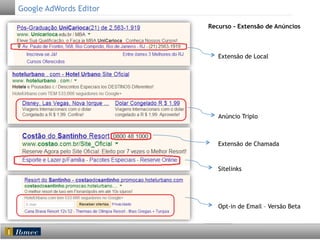 Google AdWords Editor
Recurso - Extensão de Anúncios

	
  
Extensão de Local

	
  

Anúncio Triplo

	
  
Extensão de Chamada

	
  
Sitelinks

	
  
Opt-in de Email – Versão Beta

 