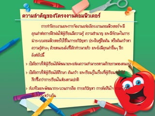ความสาคัญของโครงงานคอมพิวเตอร์
การทาโครงงานและการจัดงานแสดงโครงงานคอมพิวเตอร์จะมี
คุณค่าต่อการฝึกฝนให้ผู้เรียนมีความรู้ ความชานาญ และมีทักษะในการ
นาระบบคอมพิวเตอร์ไปใช้ในการแก้ปัญหา ประดิษฐ์คิดค้น หรือค้นคว้าหา
ความรู้ต่างๆ ด้วยตนเองดังที่ได้กล่าวมาแล้ว และยังมีคุณค่าอื่นๆ อีก
ดังต่อไปนี้
> เปิดโอกาสให้ผู้เรียนได้พัฒนาและแสดงความสามารถตามศักยภาพของตนเอง
> เปิดโอกาสให้ผู้เรียนได้ศึกษา ค้นคว้า และเรียนรู้ในเรื่องที่ผู้เรียนสนใจได้
ลึกซึ้งกว่าการเรียนในห้องตามปกติ
> ส่งเสริมและพัฒนากระบวนการคิด การแก้ปัญหา การตัดสินใจ รวมทั้งการ
สื่อสารระหว่างกัน
 