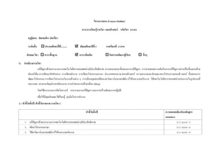 โครงการสอน (Course Outline)
สาระการเรียนรู้รายวิชา คอมพิวเตอร์ รหัสวิชา ง32201
ครูผู้สอน มิสเขมจิรา ปลงไสว
ระดับชั้น  ประถมศึกษาปี่ที่..........  มัธยมศึกษาปีที่ 5 ภาคเรียนที่ 1/2559
ลักษณะวิชา  สาระพื้นฐาน  สาระเพิ่มเติม  กิจกรรมพัฒนาผู้เรียน  อื่นๆ
1) คาอธิบายรายวิชา
แก้ปัญหาด้วยกระบวนการเทคโนโลยีสารสนเทศอย่างมีประสิทธิภาพ ความหมายและขั้นตอนการแก้ปัญหา การถ่ายทอดความคิดในการแก้ปัญหาอย่างเป็นขั้นตอนด้วย
อัลกอริทึม (การเขียนรหัสจาลอง) การเขียนผังงาน การเขียนโปรแกรมภาษา ประเภทของภาษาคอมพิวเตอร์ ความหมายและลักษณะของโปรแกรมคอมพิวเตอร์ ขั้นตอนการ
พัฒนาโปรแกรม การเขียนโปรแกรมในงานด้านต่าง ๆ การเลือกคุณสมบัติของฮาร์ดแวร์และซอฟต์แวร์ให้เหมาะสมกับงาน ใช้เทคโนโลยีสารสนเทศนาเสนองานในรูปแบบที่
เหมาะสม ตรงตามวัตถุประสงค์ของงาน การนาเสนองานด้วยบล็อก (Blog)
โดยใช้กระบวนการคิดวิเคราะห์ กระบวนการแก้ปัญหา และการสร้างทักษะการปฏิบัติ
เพื่อให้มีคุณลักษณะใฝ่เรียนรู้ มุ่งมั่นในการทางาน
2 ) ตัวชี้วัดชั้นปี /ตัวชี้วัดรายภาค (รายวิชา )
ตัวชี้วัดชั้นปี ความสอดคล้องกับหลักสูตร
แกนกลาง
1. แก้ปัญหาด้วยกระบวนการเทคโนโลยีสารสนเทศอย่างมีประสิทธิภาพ ง 3.1 ม.4-6 / 5
2. เขียนโปรแกรมภาษา ง 3.1 ม.4-6 / 6
3. ใช้ฮาร์ดแวร์และซอฟต์แวร์ให้เหมาะสมกับงาน ง 3.1 ม.4-6 / 8
 