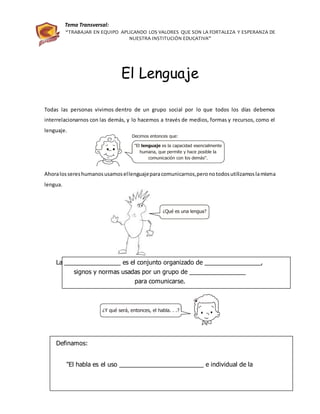 Tema Transversal:
“TRABAJAR EN EQUIPO APLICANDO LOS VALORES QUE SON LA FORTALEZA Y ESPERANZA DE
NUESTRA INSTITUCIÓN EDUCATIVA”
El Lenguaje
Todas las personas vivimos dentro de un grupo social por lo que todos los días debemos
interrelacionarnos con las demás, y lo hacemos a través de medios, formas y recursos, como el
lenguaje.
Ahoralossereshumanosusamosellenguajeparacomunicarnos,peronotodosutilizamoslamisma
lengua.
La ________________ es el conjunto organizado de ________________,
signos y normas usadas por un grupo de ________________
para comunicarse.
Definamos:
"El habla es el uso ________________________ e individual de la
"El es la capacidad esencialmente
humana, que permite y hace posible la
comunicación con los demás".
lenguaje
Decimos entonces que:
¿Qué es una lengua?
¿Y qué será, entonces, el habla. . .?
 