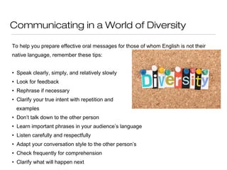 Communicating in a World of Diversity
To help you prepare effective oral messages for those of whom English is not their
native language, remember these tips:
• Speak clearly, simply, and relatively slowly
• Look for feedback
• Rephrase if necessary
• Clarify your true intent with repetition and
examples
• Don’t talk down to the other person
• Learn important phrases in your audience’s language
• Listen carefully and respectfully
• Adapt your conversation style to the other person’s
• Check frequently for comprehension
• Clarify what will happen next

 