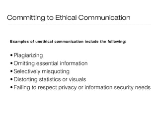 Committing to Ethical Communication

Examples of unethical communication include the following:

• Plagiarizing
• Omitting essential information
• Selectively misquoting
• Distorting statistics or visuals
• Failing to respect privacy or information security needs

 