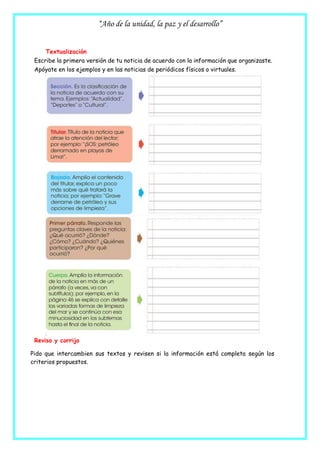 “Año de la unidad, la paz y el desarrollo”
Textualización
Escribe la primera versión de tu noticia de acuerdo con la información que organizaste.
Apóyate en los ejemplos y en las noticias de periódicos físicos o virtuales.
Reviso y corrijo
Pido que intercambien sus textos y revisen si la información está completa según los
criterios propuestos.
 