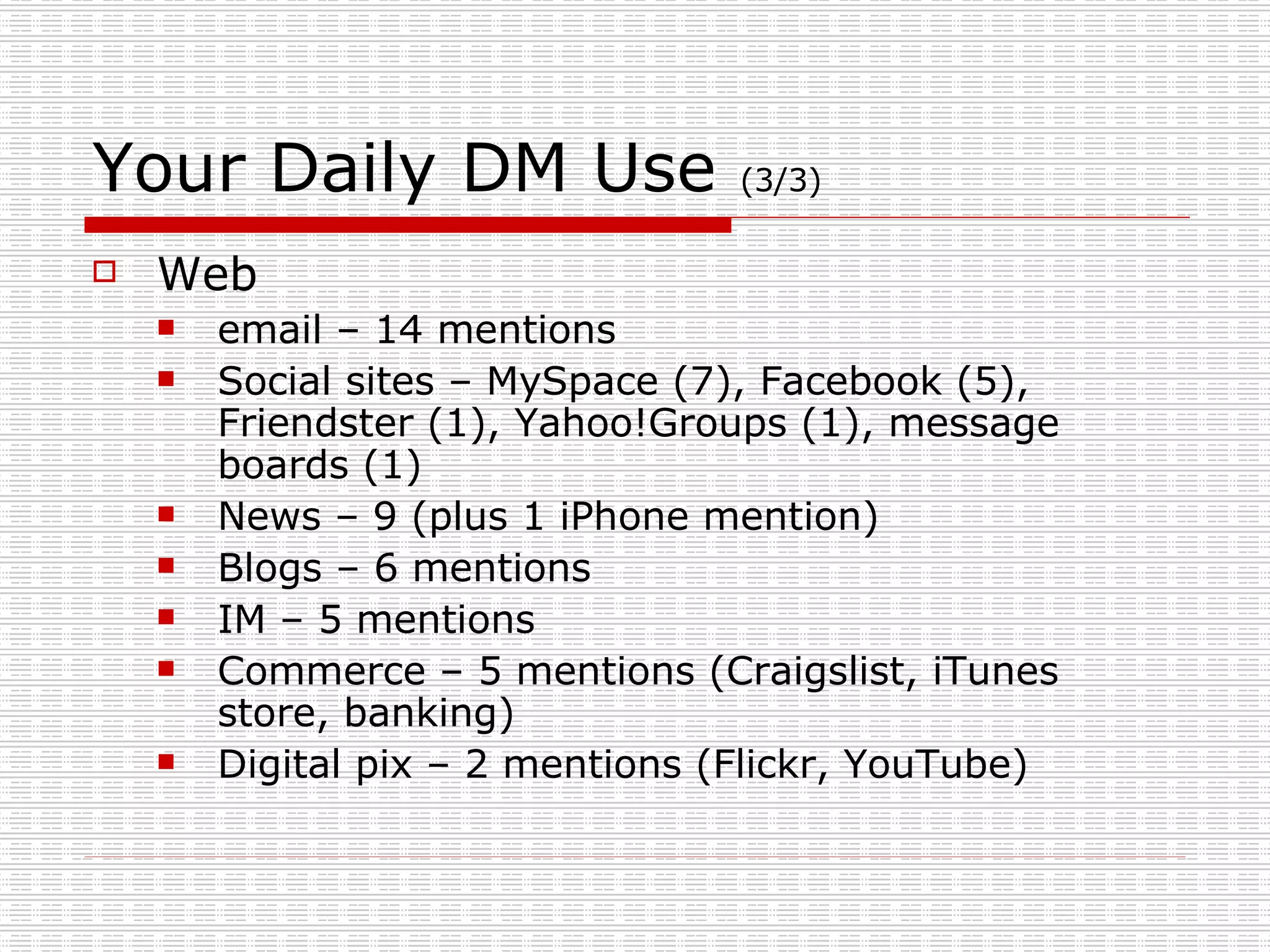 Your Daily DM Use  (3/3) Web email – 14 mentions Social sites – MySpace (7), Facebook (5), Friendster (1), Yahoo!Groups (1), message boards (1) News – 9 (plus 1 iPhone mention) Blogs – 6 mentions IM – 5 mentions Commerce – 5 mentions (Craigslist, iTunes store, banking) Digital pix – 2 mentions (Flickr, YouTube) 