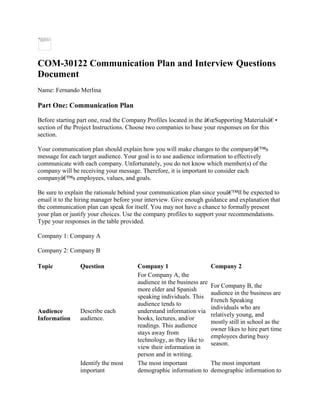COM-30122 Communication Plan and Interview Questions
Document
Name: Fernando Merlina
Part One: Communication Plan
Before starting part one, read the Company Profiles located in the â€œSupporting Materialsâ€•
section of the Project Instructions. Choose two companies to base your responses on for this
section.
Your communication plan should explain how you will make changes to the companyâ€™s
message for each target audience. Your goal is to use audience information to effectively
communicate with each company. Unfortunately, you do not know which member(s) of the
company will be receiving your message. Therefore, it is important to consider each
companyâ€™s employees, values, and goals.
Be sure to explain the rationale behind your communication plan since youâ€™ll be expected to
email it to the hiring manager before your interview. Give enough guidance and explanation that
the communication plan can speak for itself. You may not have a chance to formally present
your plan or justify your choices. Use the company profiles to support your recommendations.
Type your responses in the table provided.
Company 1: Company A
Company 2: Company B
Topic Question Company 1 Company 2
Audience
Information
Describe each
audience.
For Company A, the
audience in the business are
more elder and Spanish
speaking individuals. This
audience tends to
understand information via
books, lectures, and/or
readings. This audience
stays away from
technology, as they like to
view their information in
person and in writing.
For Company B, the
audience in the business are
French Speaking
individuals who are
relatively young, and
mostly still in school as the
owner likes to hire part time
employees during busy
season.
Identify the most
important
The most important
demographic information to
The most important
demographic information to
 