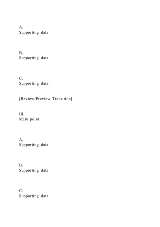 A.
Supporting data
B.
Supporting data
C.
Supporting data
[Review/Preview Transition]
III.
Main point
A.
Supporting data
B.
Supporting data
C.
Supporting data
 