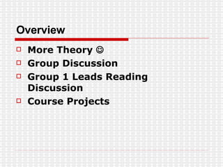 Overview More Theory   Group Discussion Group 1 Leads Reading Discussion Course Projects 