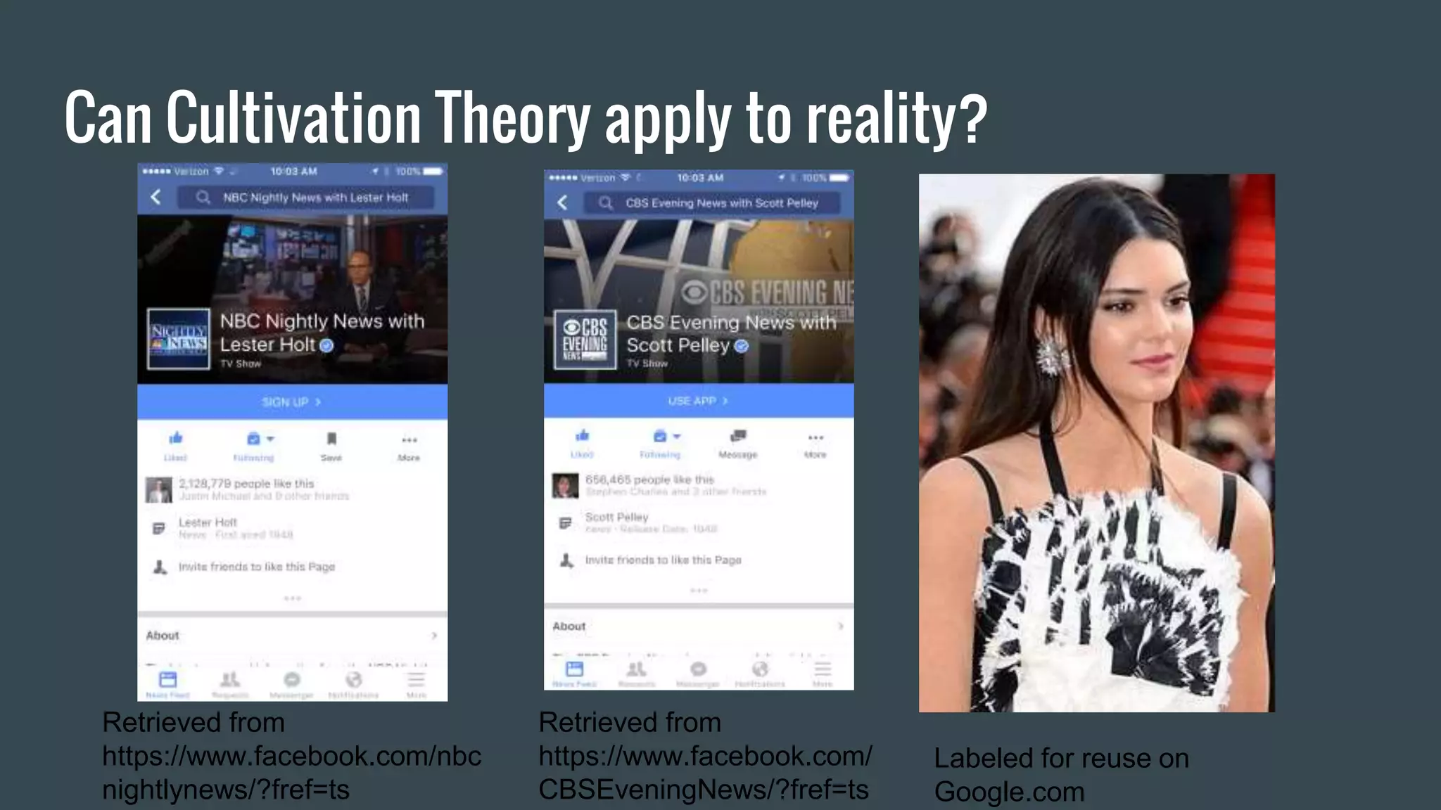 Can Cultivation Theory apply to reality?
Labeled for reuse on
Google.com
Retrieved from
https://www.facebook.com/nbc
nightlynews/?fref=ts
Retrieved from
https://www.facebook.com/
CBSEveningNews/?fref=ts
 