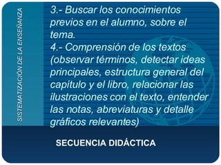 3.- Buscar los conocimientos previos en el alumno, sobre el tema. 4.- Comprensión de los textos (observar términos, detectar ideas principales, estructura general del capítulo y el libro, relacionar las ilustraciones con el texto, entender las notas, abreviaturas y detalle gráficos relevantes) SECUENCIA DIDÁCTICA  SISTEMATIZACIÓN DE LA ENSEÑANZA 