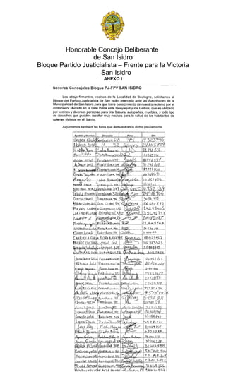 Honorable Concejo Deliberante 
de San Isidro 
Bloque Partido Justicialista – Frente para la Victoria 
San Isidro 
ANEXO I 
 