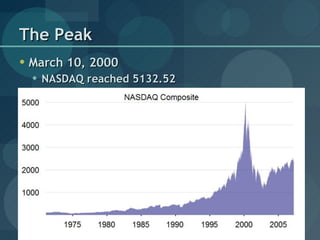 The Peak <ul><li>March 10, 2000 </li></ul><ul><ul><li>NASDAQ reached 5132.52 </li></ul></ul>
