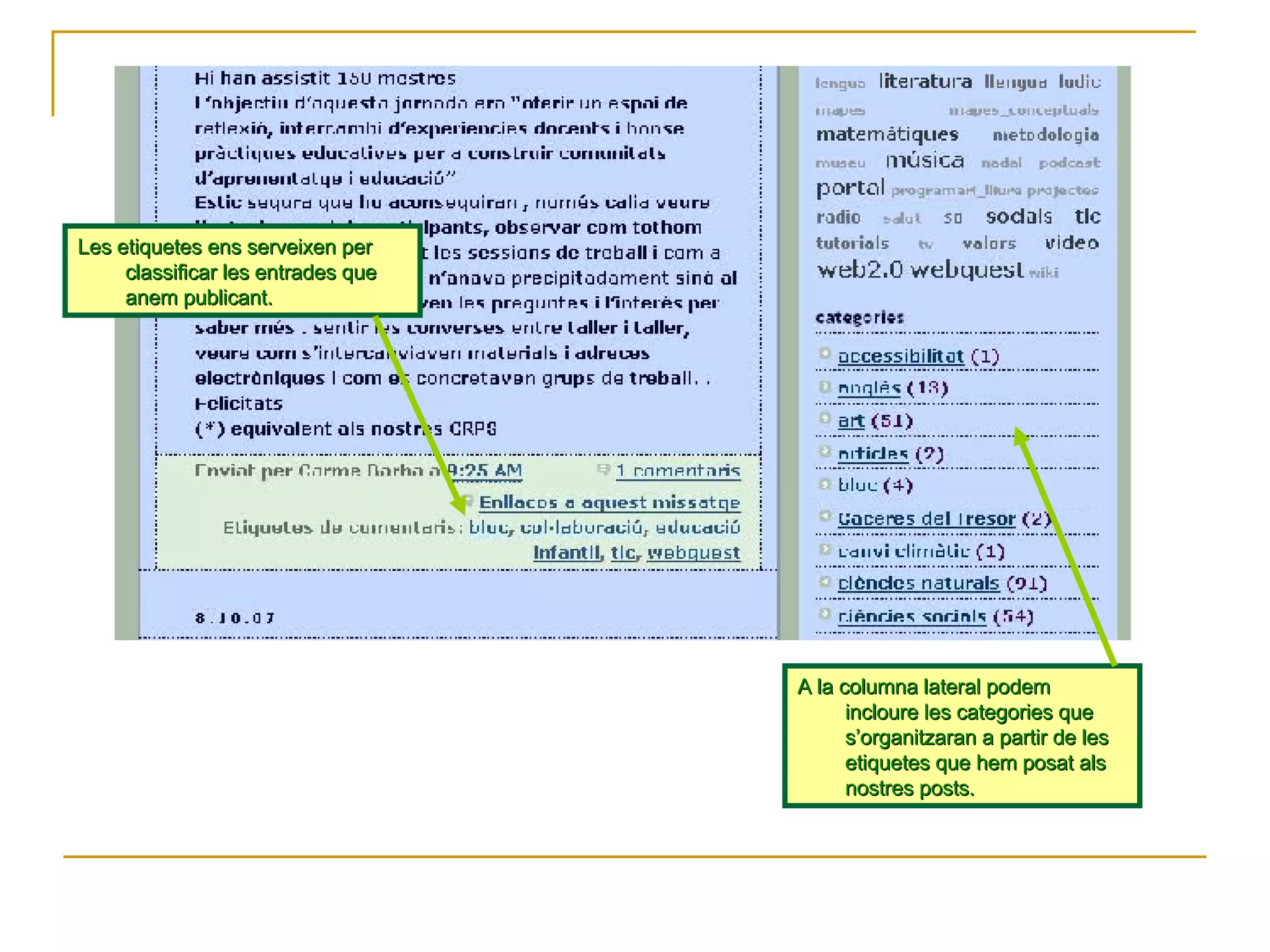 Les etiquetes ens serveixen per classificar les entrades que anem publicant. A la columna lateral podem incloure les categories que s’organitzaran a partir de les etiquetes que hem posat als nostres posts. 