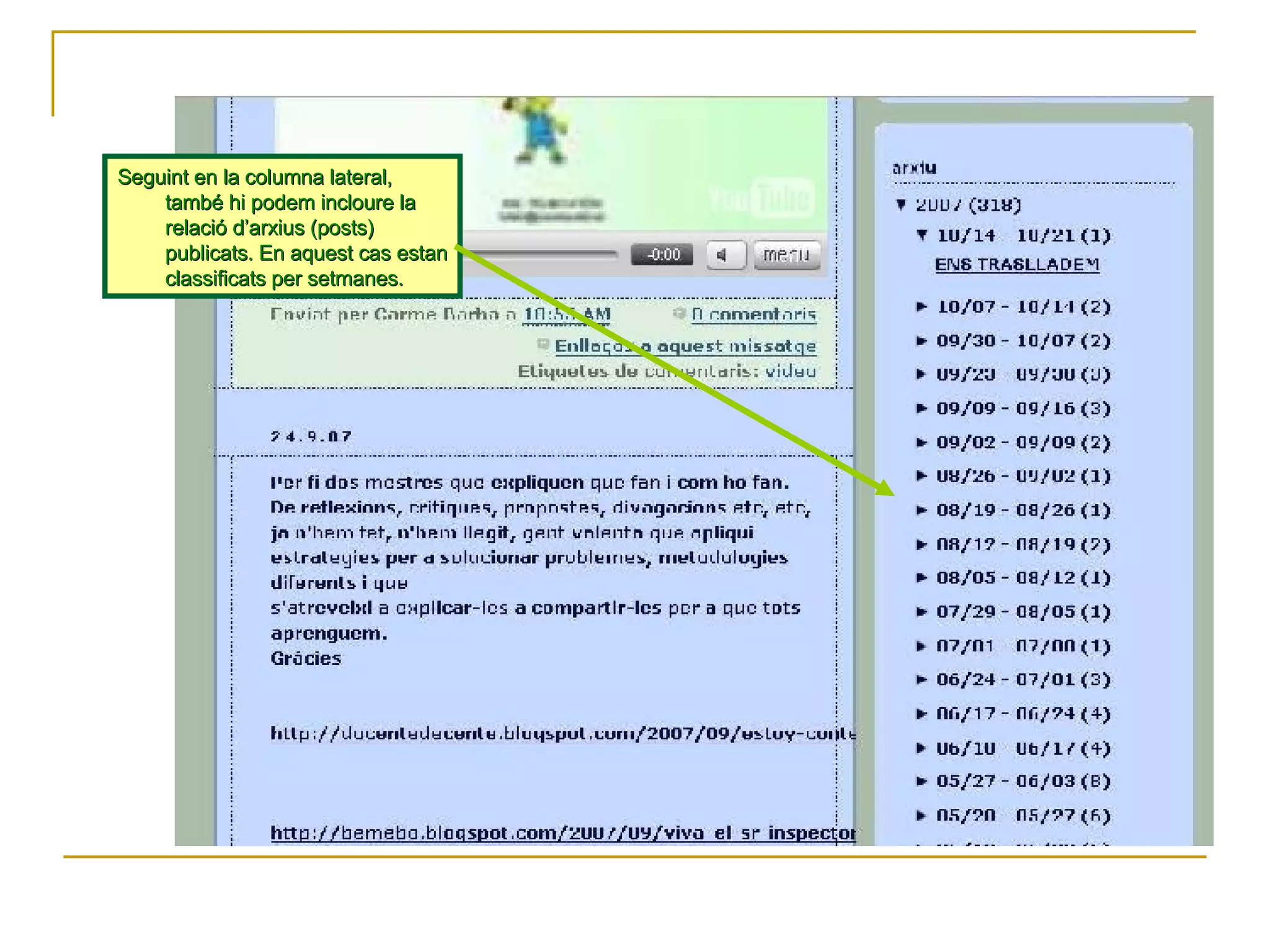 Seguint en la columna lateral, també hi podem incloure la relació d’arxius (posts) publicats. En aquest cas estan classificats per setmanes. 