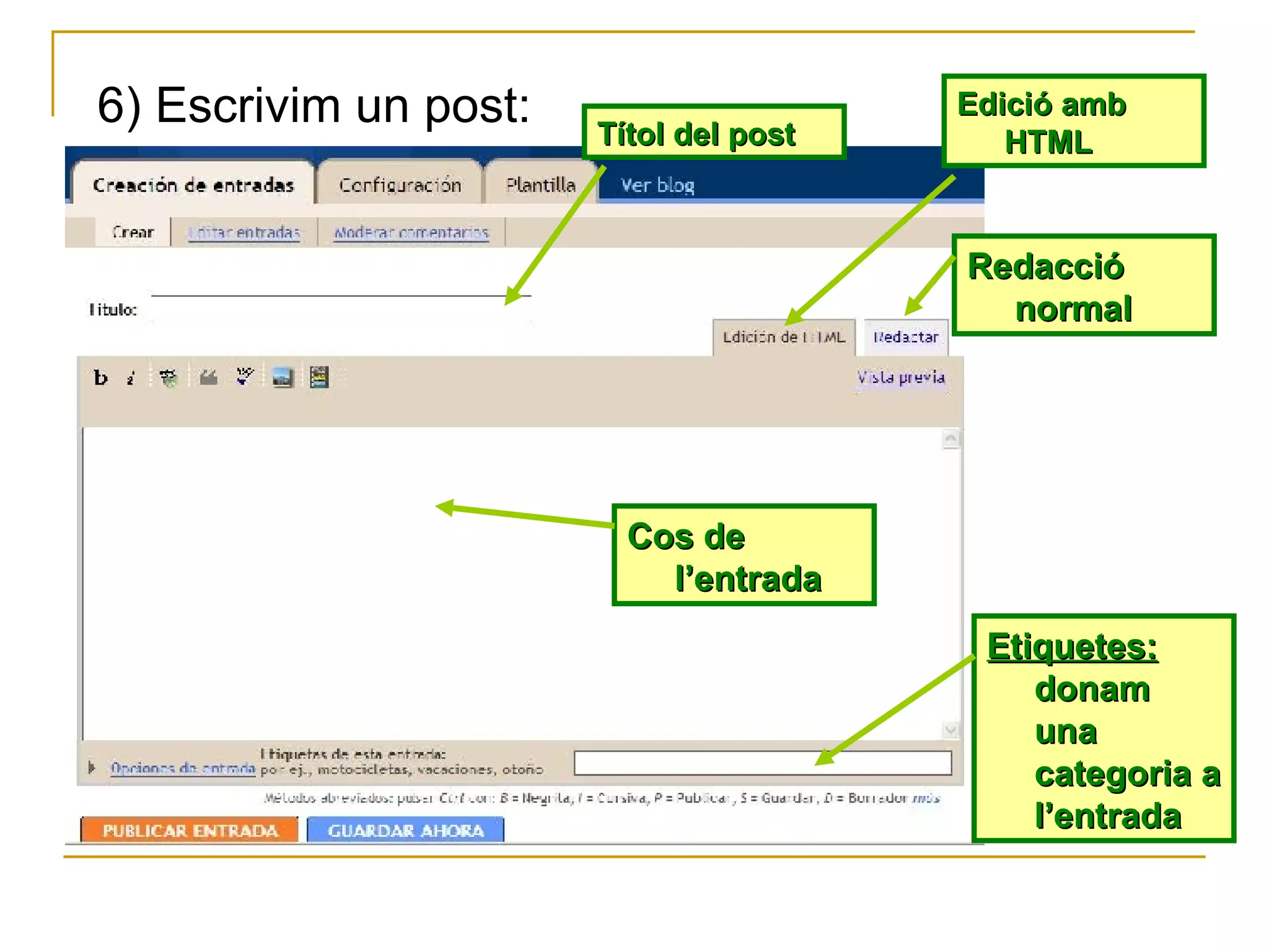6) Escrivim un post: Títol del post Edició amb HTML Redacció normal Cos de l’entrada Etiquetes:  donam una categoria a l’entrada 