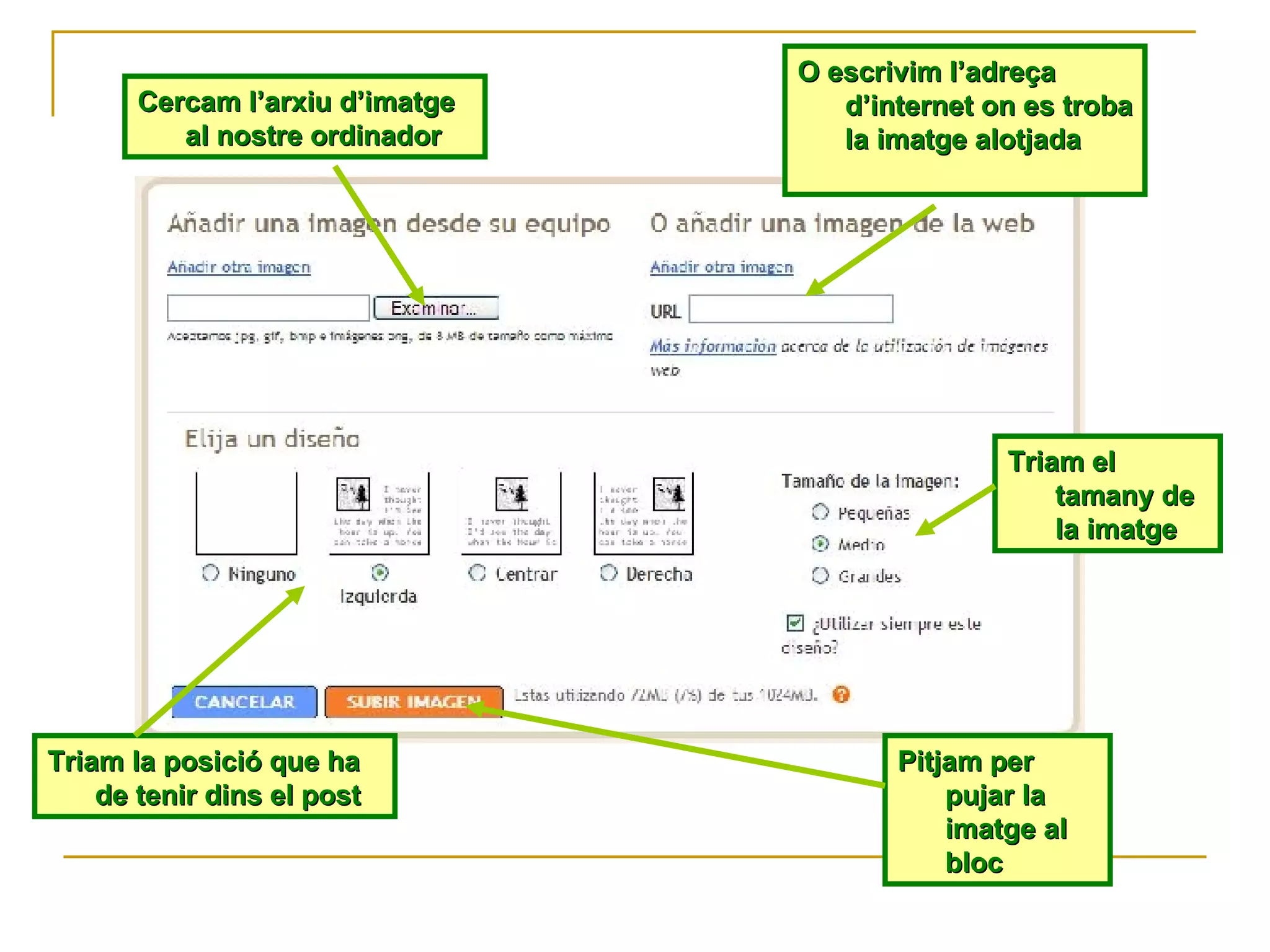 Cercam l’arxiu d’imatge al nostre ordinador O escrivim l’adreça d’internet on es troba la imatge alotjada Triam la posició que ha de tenir dins el post Triam el tamany de la imatge Pitjam per pujar la imatge al bloc 