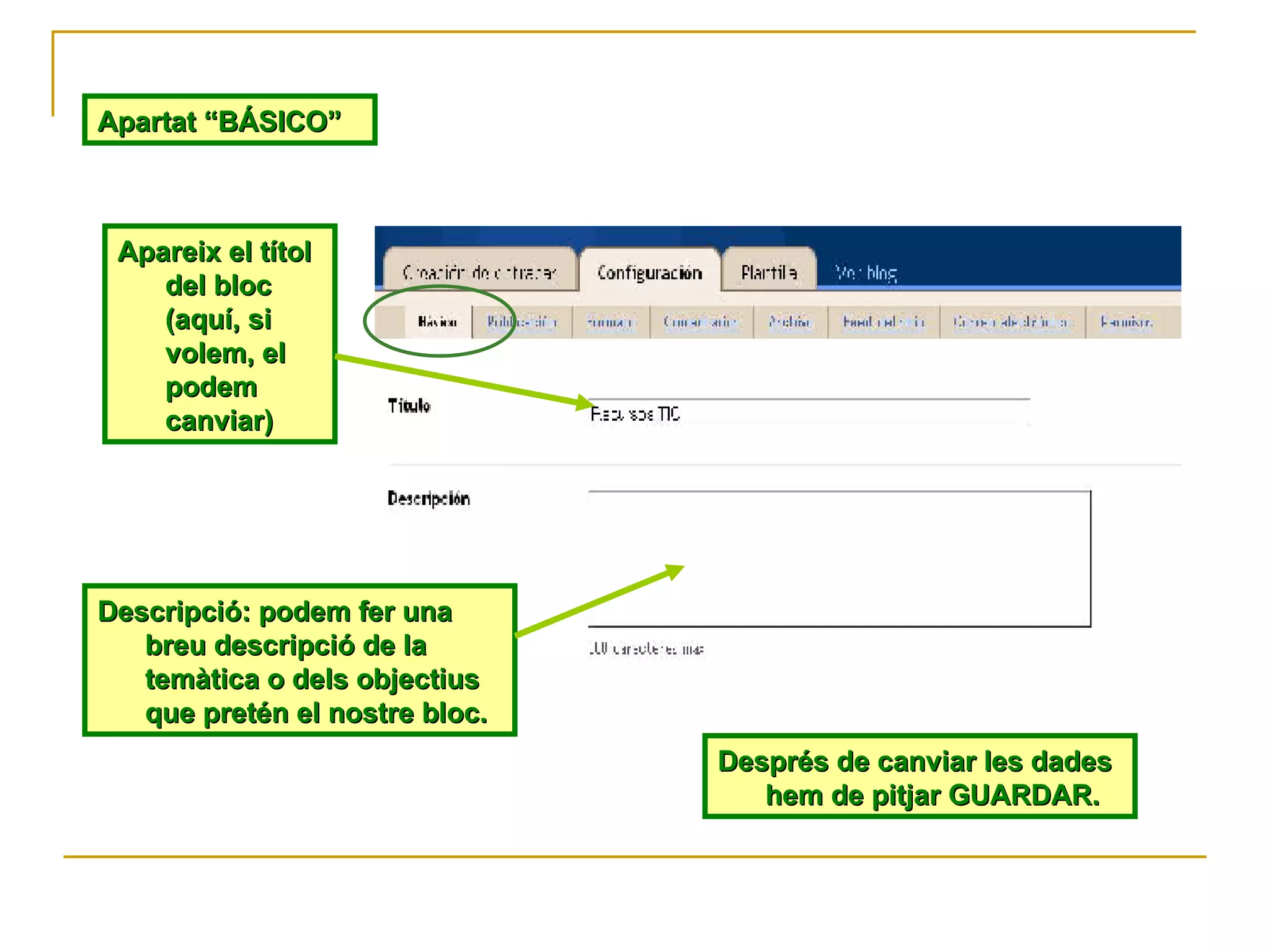 Apartat “BÁSICO” Apareix el títol del bloc (aquí, si volem, el podem canviar) Descripció: podem fer una breu descripció de la temàtica o dels objectius que pretén el nostre bloc. Després de canviar les dades hem de pitjar GUARDAR. 