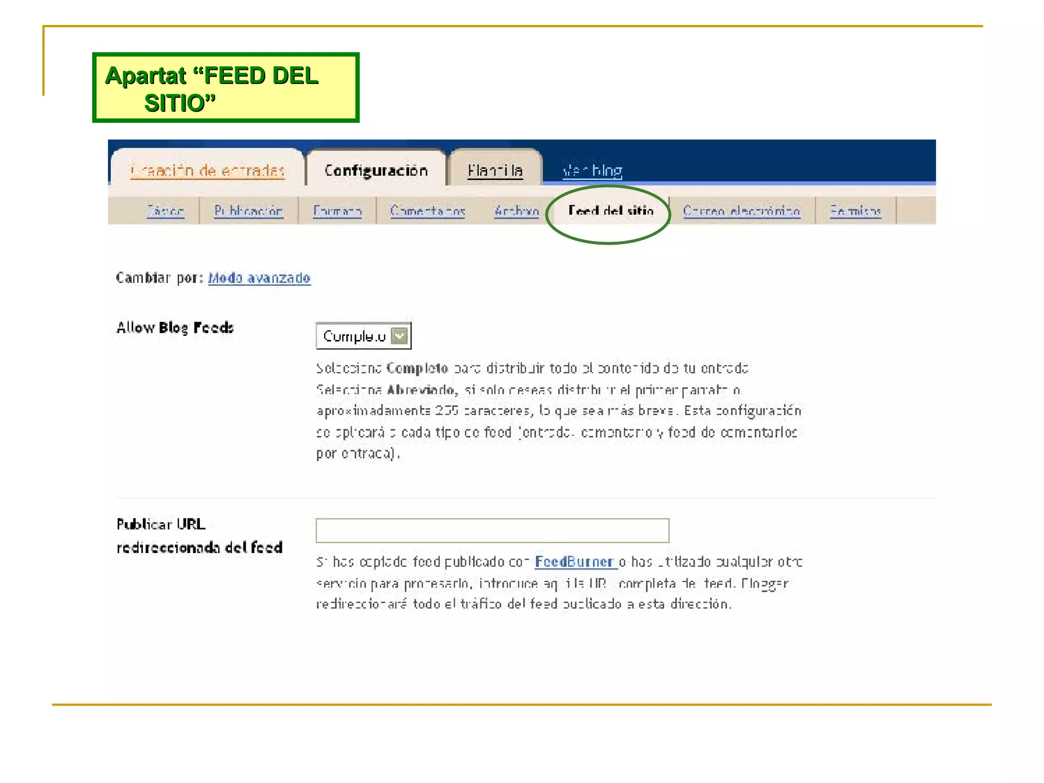 Apartat “FEED DEL SITIO” 