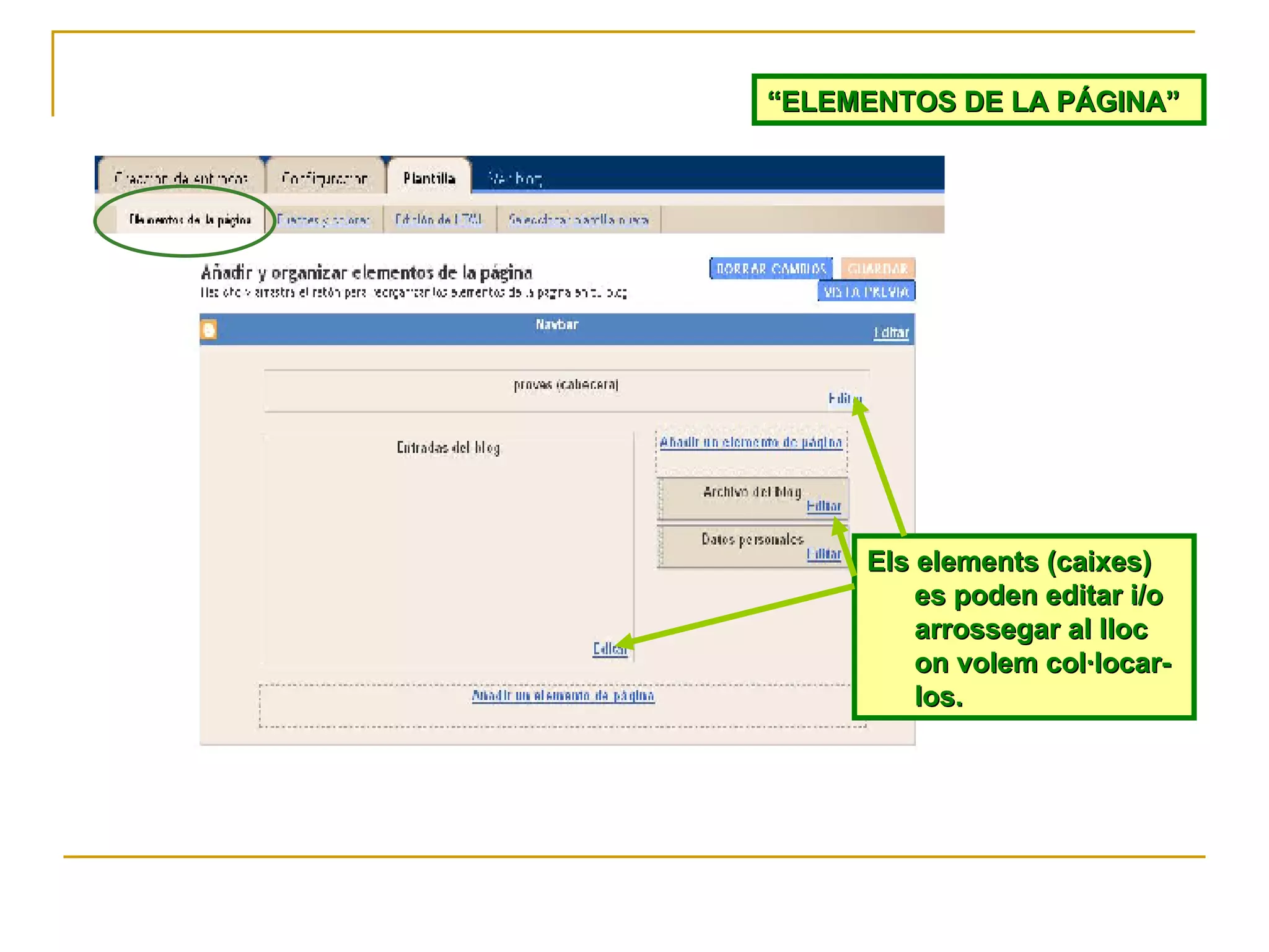 Els elements (caixes) es poden editar i/o arrossegar al lloc on volem col·locar-los. “ ELEMENTOS DE LA PÁGINA” 