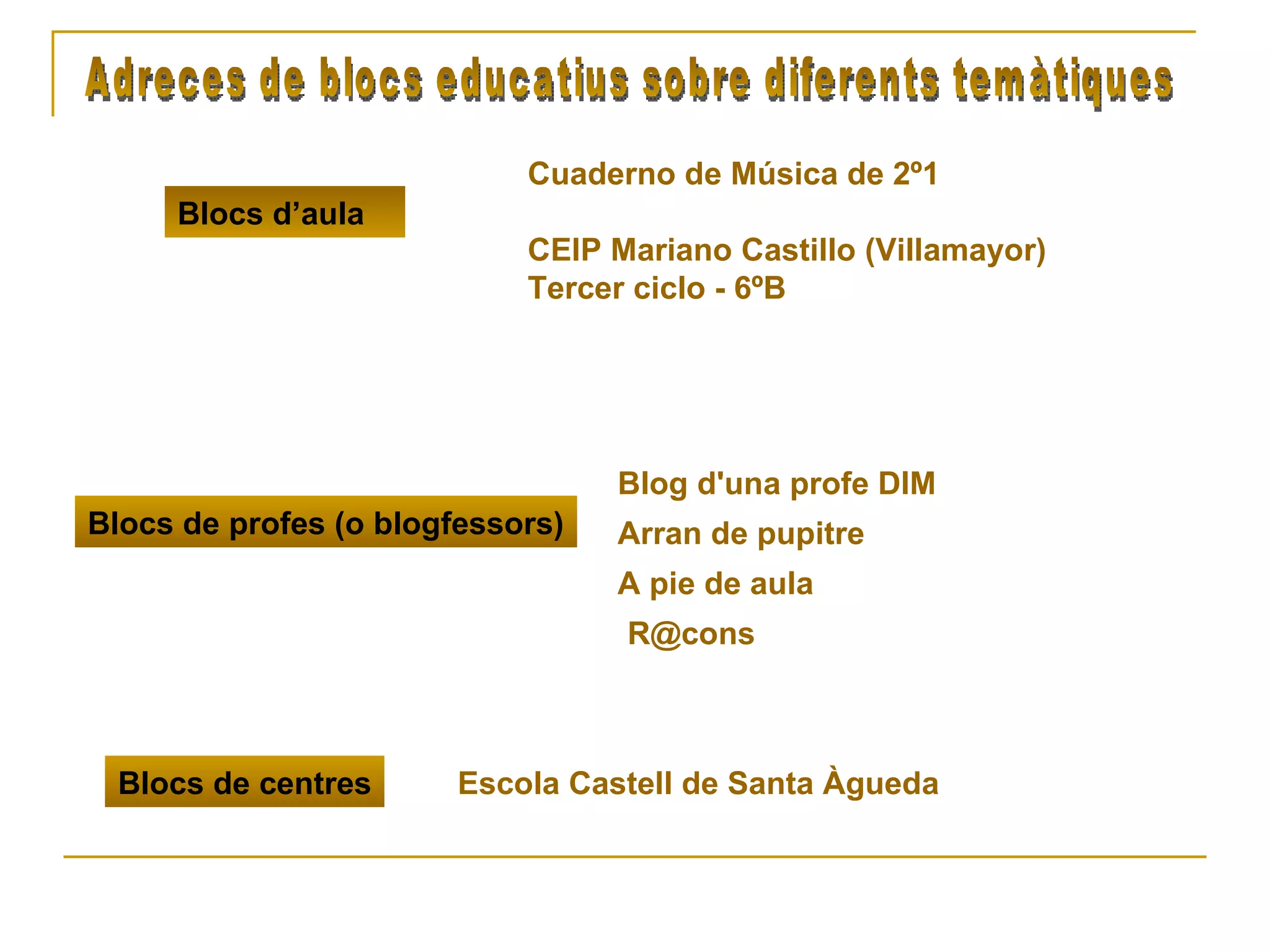 Adreces de blocs educatius sobre diferents temàtiques Blocs d’aula Blocs de profes (o blogfessors) Blocs de centres Blog  d'una   profe  DIM A pie de aula Arran de pupitre [email_address] Cuaderno de Música de 2º1 CEIP Mariano Castillo ( Villamayor ) Tercer ciclo - 6 ºB Escola  Castell  de Santa  Àgueda 