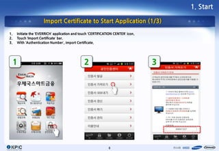 1. Start

                     Import Certificate to Start Application (1/3)

1.   Initiate the ‘EVERRICH’ application and touch ‘CERTIFICATION CENTER’ icon.
2.   Touch ‘Import Certificate’ bar.
3.   With ‘Authentication Number’, import Certificate.




     1                                         2                                  3




                                                              0
 