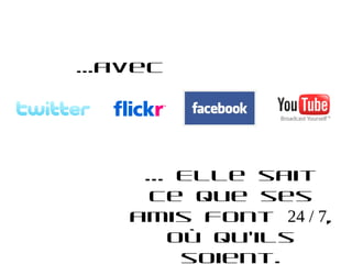 …avec




    ... Elle sait
     ce que ses
   amis font 24 / 7,
       où qu'ils
        soient.
 